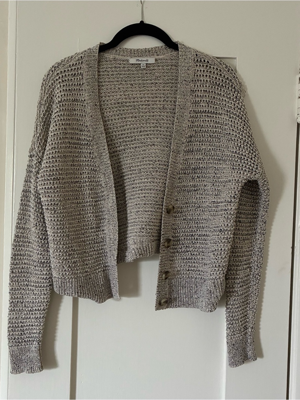 Madewell Cropped Open-Knit Button Cardigan in Light Taupe